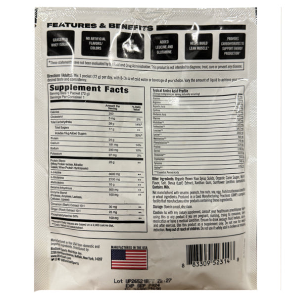 Front view of BioSteel Advanced Recovery Protein Plus Singles pack, highlighting its premium quality.