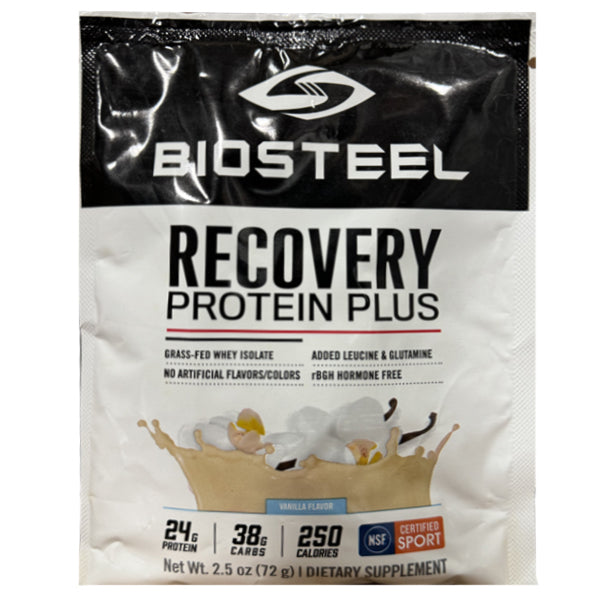Side view of BioSteel Recovery Protein Plus Singles showcasing nutritional information and ingredients.