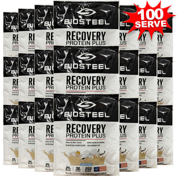 Front view of BioSteel Advanced Recovery Protein Plus Singles pack, highlighting its premium quality.
