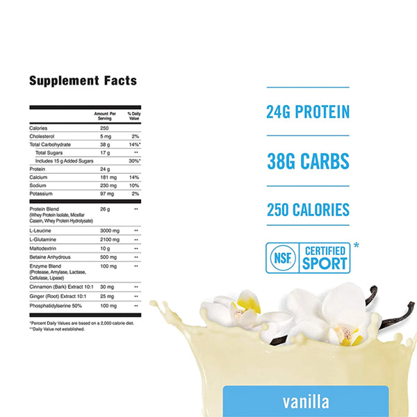 Side view of BioSteel Recovery Protein Plus Singles showcasing nutritional information and ingredients.