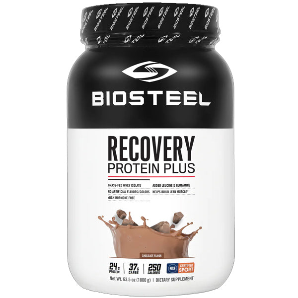 Close-up of a protein powder scoop with a muscular arm in the background, highlighting muscle recovery benefits