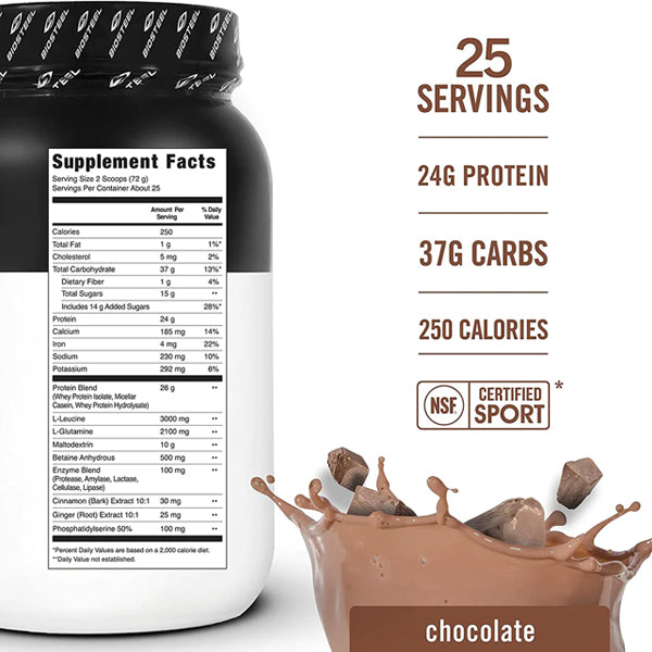 Side view of BioSteel Recovery Protein Plus Singles showcasing nutritional information and ingredients.