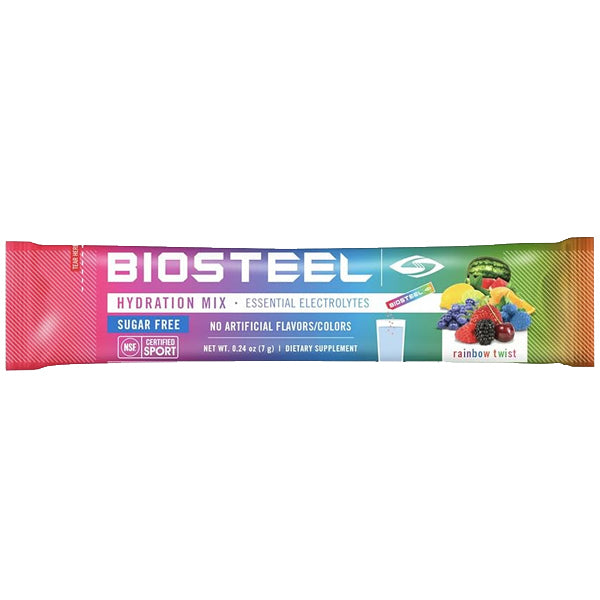 BioSteel Hydration Mix being poured into a glass, illustrating its easy mixability for refreshing hydration.