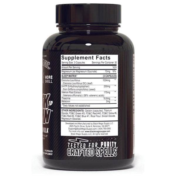 Close-up of Black Magic Dusk To Dawn ingredients, emphasizing natural, caffeine-free formula