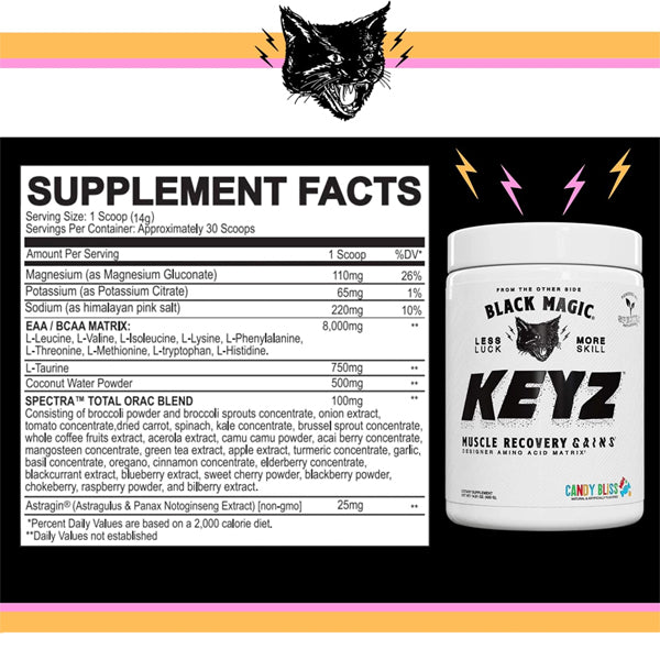Close-up of the EAA and BCAA powder blend packaging, emphasizing its premium ingredients and nutritional information.