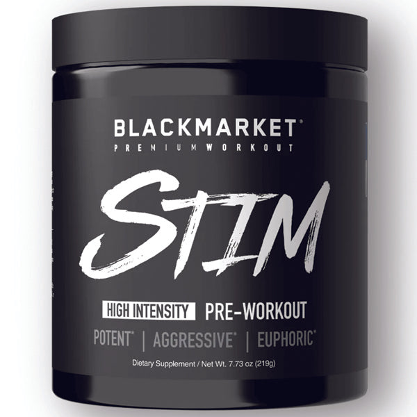A scoop of Blackmarket Labs preworkout powder displayed next to an empty shaker bottle, showcasing its texture.
