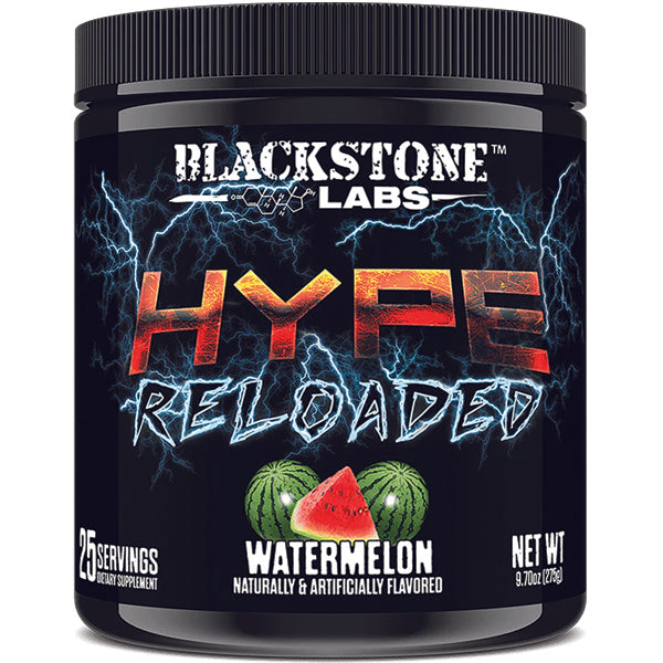 HYPE Reloaded container in a gym setting, emphasizing its role as a non-stim pre workout for serious lifters.