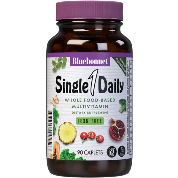 Bottle of Bluebonnet iron-free plant-based multivitamins on a clean countertop
