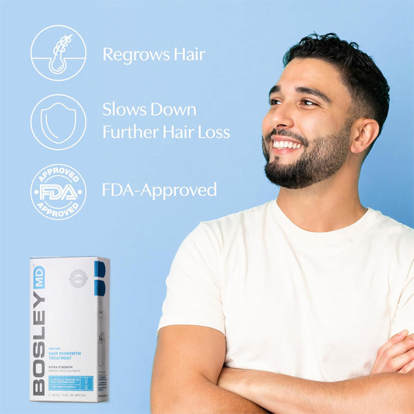 Close-up of BosleyMD minoxidil serum being applied to the scalp, demonstrating its usage for hair regrowth.