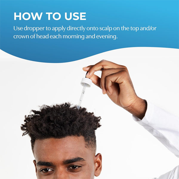 Close-up of BosleyMD minoxidil serum being applied to the scalp, demonstrating its usage for hair regrowth.