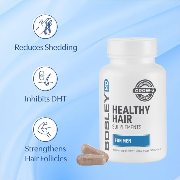 Close-up of BosleyMD capsules, highlighting the biotin and DHT-blocking properties that promote healthy hair.