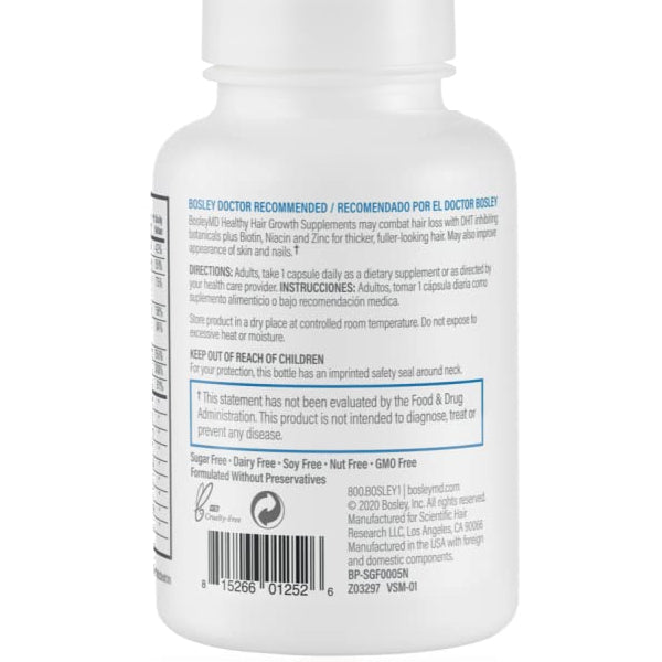 Close-up of BosleyMD capsules, highlighting the biotin and DHT-blocking properties that promote healthy hair.