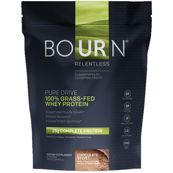 Relentless Pure Drive 100% Grass-Fed Whey Protein Powder showing its packaging and scoop, highlighting its clean ingredients for muscle recovery.