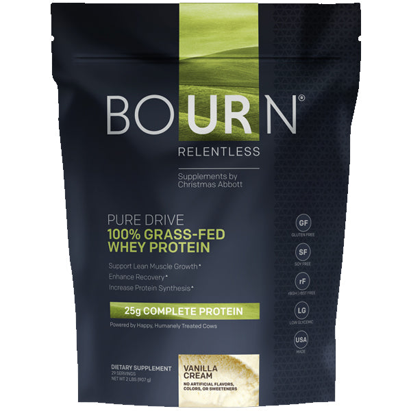 Open container of Relentless Pure Drive Grass-Fed Whey Protein Powder with a scoop on the side, demonstrating its natural texture and quality.