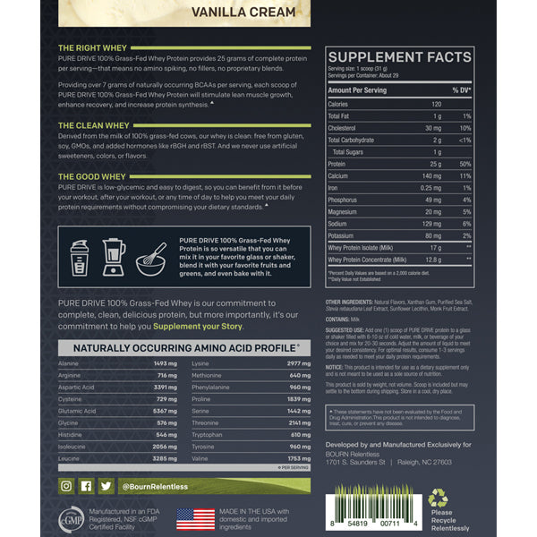 Relentless Pure Drive 100% Grass-Fed Whey Protein Powder showing its packaging and scoop, highlighting its clean ingredients for muscle recovery.