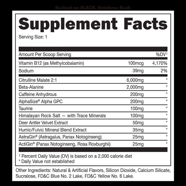 Bucked Up Black pre-workout packaging highlighting sugar-free and keto-friendly features