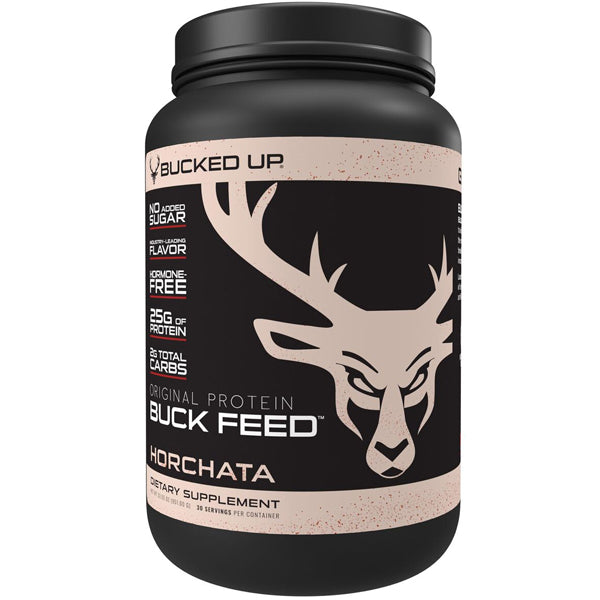 Bucked Up Original Protein Blend packaging from the front, highlighting its features and benefits.
