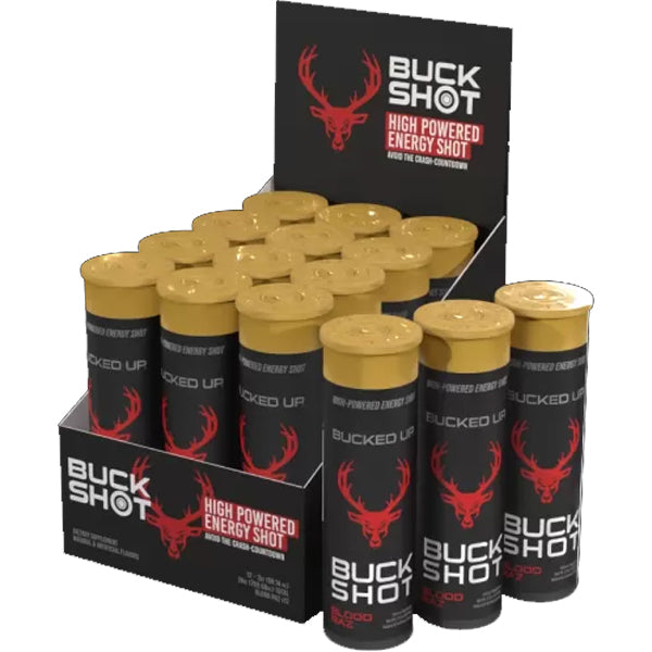 Close-up of Bucked Up Buck Shot energy shot bottle for focus and energy