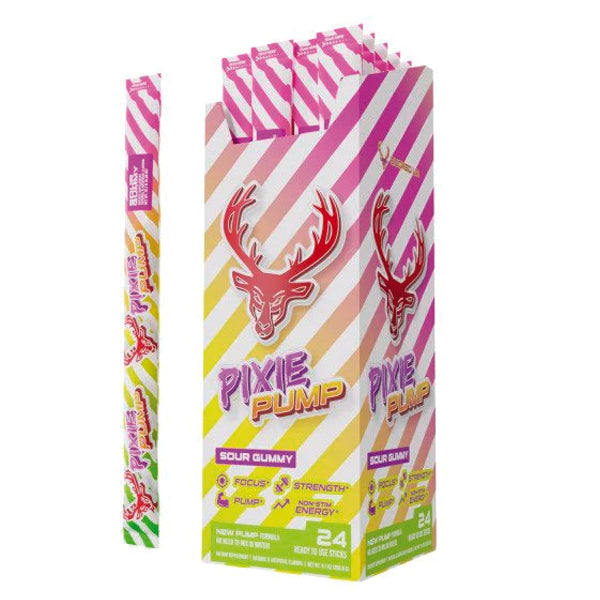 Close-up of Pixie Pump Power Sticks with emphasis on key ingredients for enhanced fitness performance.