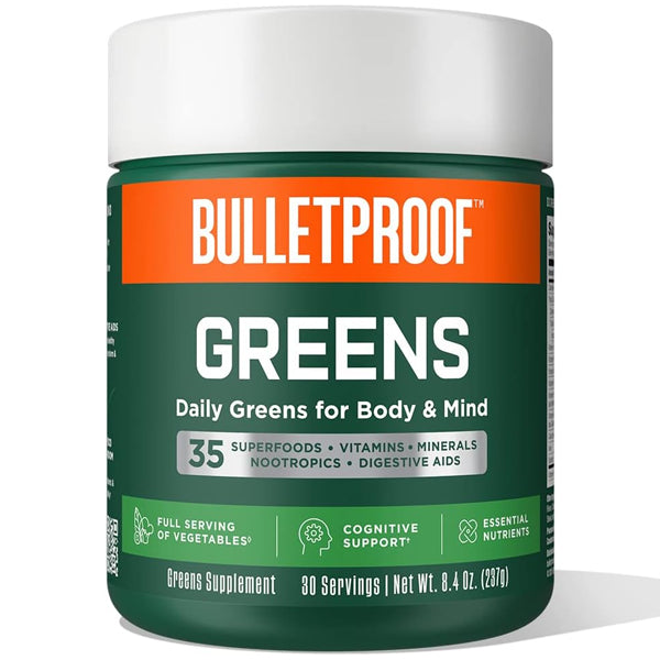 VitaBoost greens powder scoop with fresh vegetables, supporting energy and gut health