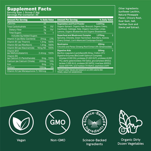 Person mixing greens powder into a smoothie for daily nutrition and brain support