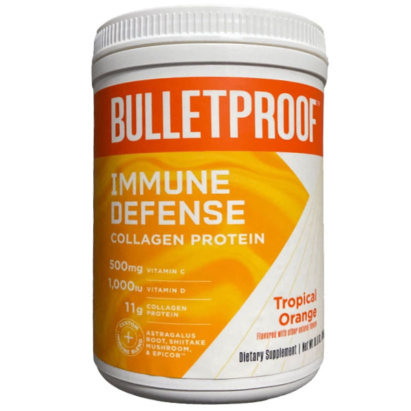 VitalShield Collagen Protein tub with tropical orange label, angled front view