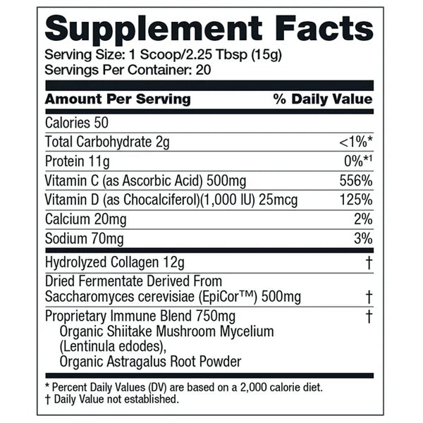 VitalShield Collagen Protein tub with tropical orange label, angled front view