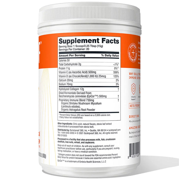 Close-up of supplement facts showing collagen protein and Epicor™ ingredients