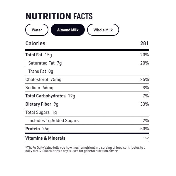 Close-up of a healthy protein shake with cereal pieces in a glass