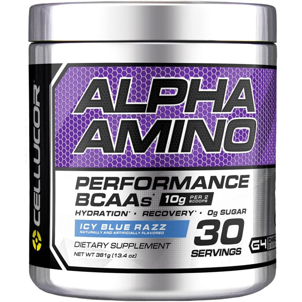 Close-up of Alpha Amino performance drink with electrolytes, showcasing refreshing flavors.