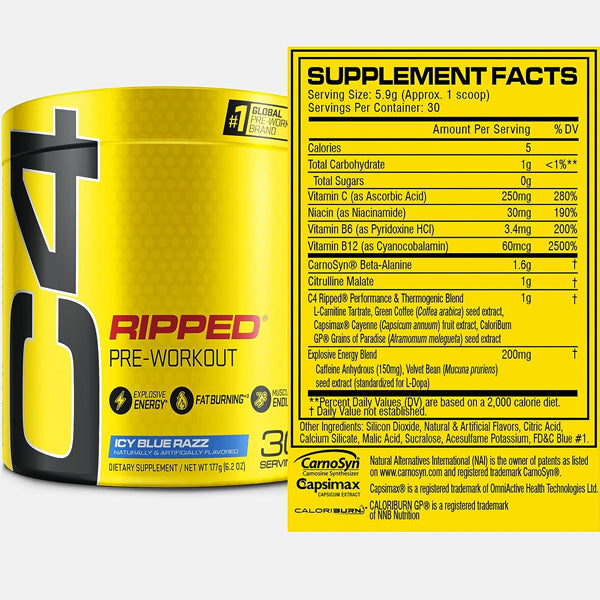 Scoop of C4 Ripped powder displayed on a gym bench, emphasizing its use in enhancing workout performance.
