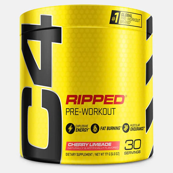 Scoop of C4 Ripped powder displayed on a gym bench, emphasizing its use in enhancing workout performance.