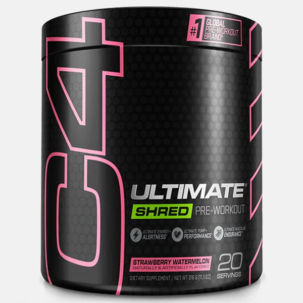 A front-angle view of C4 ShredMax Pre-Workout tub, highlighting bold branding and endurance support