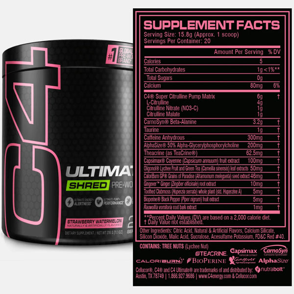 A front-angle view of C4 ShredMax Pre-Workout tub, highlighting bold branding and endurance support