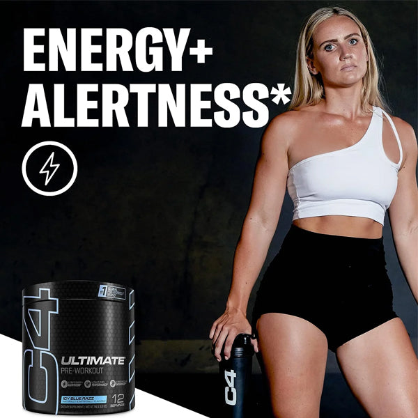 C4 Ultimate pre-workout scoop showing powder with energy and muscle pump benefits