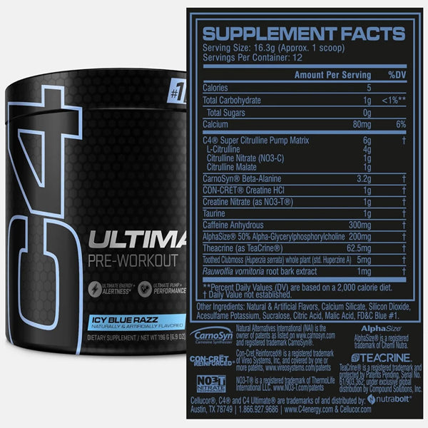 Close-up of the C4 Ultimate label highlighting key ingredients like caffeine and nitrates