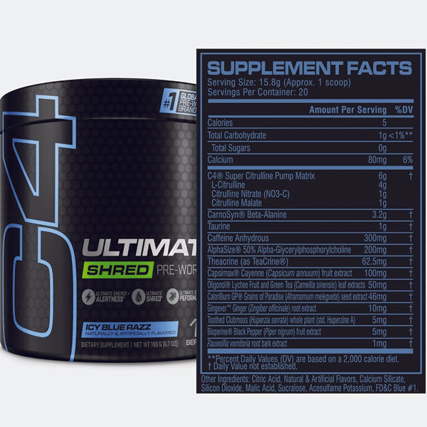 Side view of supplement facts and ingredients label detailing key components like caffeine and Capsimax