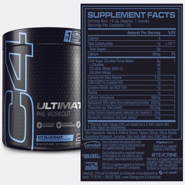 C4 Ultimate pre-workout powder in a shaker, showcasing its vibrant color and texture.