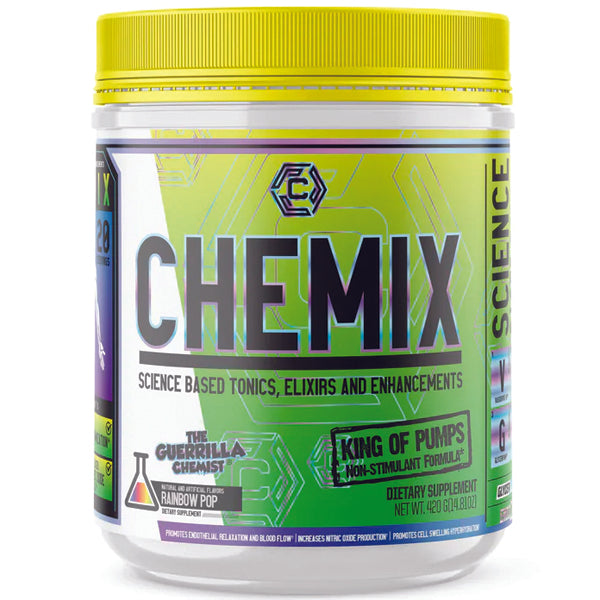 Front view of Chemix Titan Pump tub showing non-stimulant pre-workout label Front view of Chemix Titan Pump tub showing non-stimulant pre-workout label