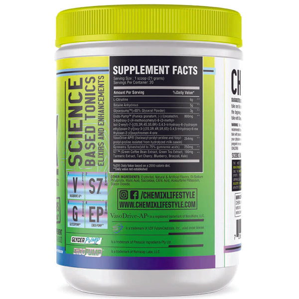 Front view of Chemix Titan Pump tub showing non-stimulant pre-workout label