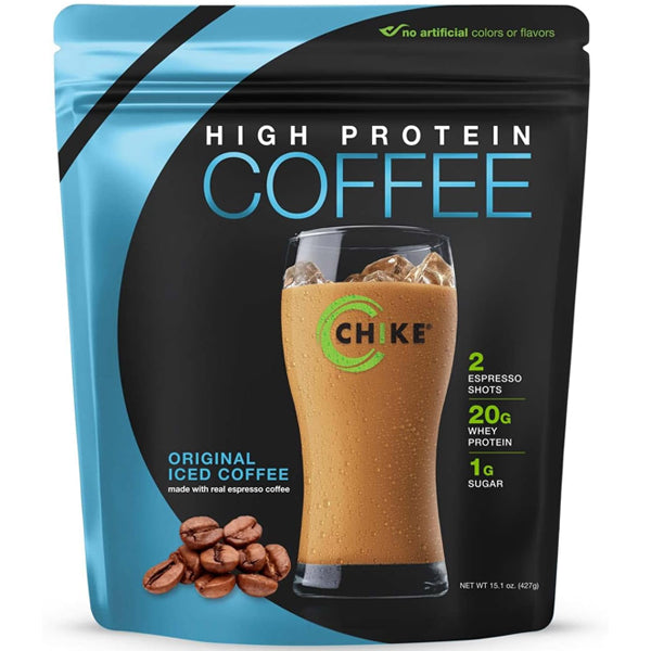 Chike Protein Coffee in a glass with ice, showcasing its refreshing iced coffee appearance.
