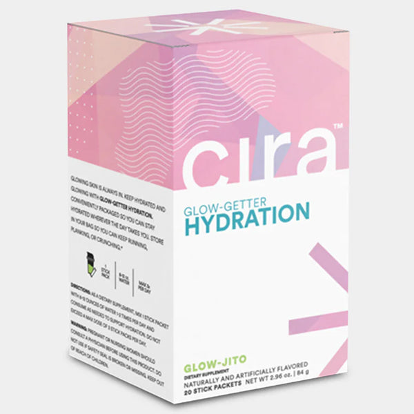 Cira Glow-Getter hydration stick packs displayed on a marble countertop, emphasizing hydration benefits.