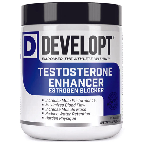 Close-up of Developt testosterone enhancer capsules on a white background for muscle gain and hormone support