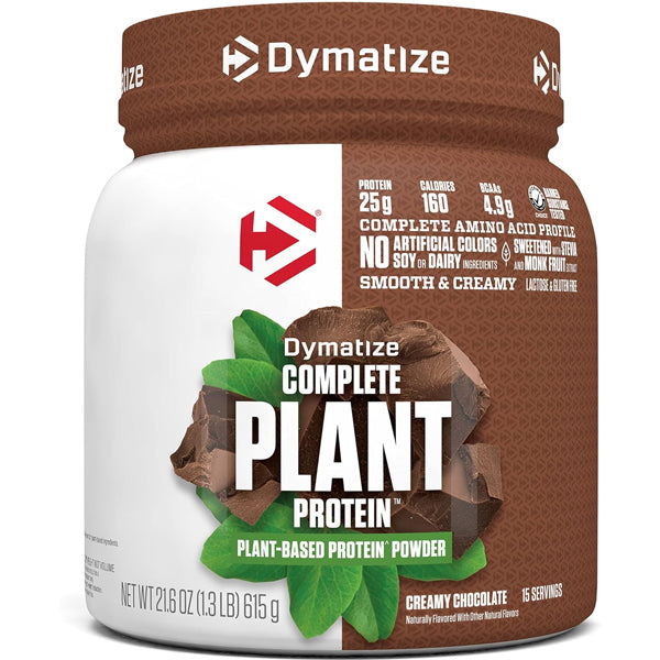 A scoop of Dymatize Complete Plant Protein next to a glass of smoothie, showcasing its creamy texture.