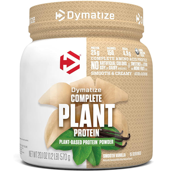 Dymatize Complete Plant Protein bag displayed with fresh fruits, ideal for a nutritious high-protein vegan shake mix.