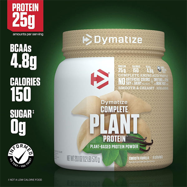 A scoop of Dymatize Complete Plant Protein next to a glass of smoothie, showcasing its creamy texture.