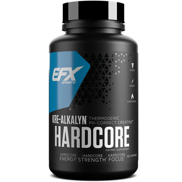 Front angle of EFX Kre-Alkalyn Hardcore bottle showing thermogenic creatine capsules
