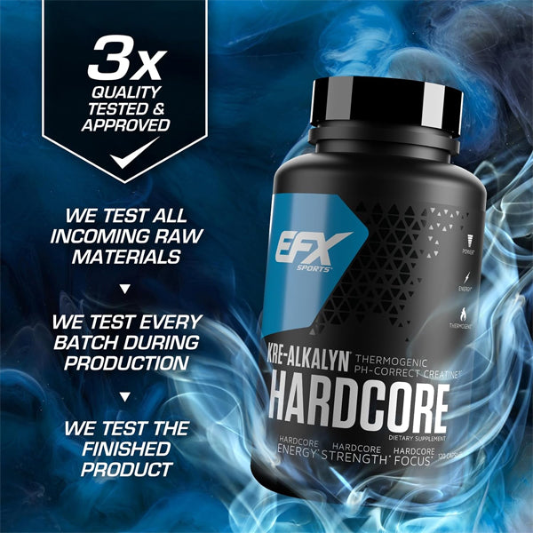 Front angle of EFX Kre-Alkalyn Hardcore bottle showing thermogenic creatine capsules