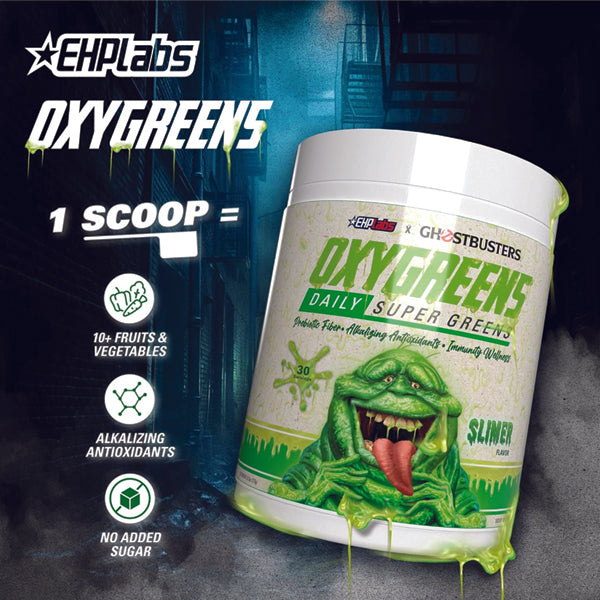 Close-up of OxyGreens Daily Super Greens jar showcasing its fresh, vibrant greens