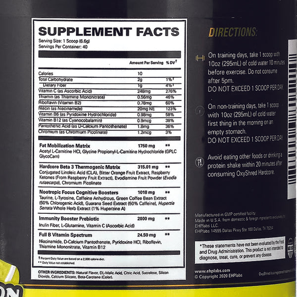 Close-up of EHP Labs OxyShred Hardcore highlighting its ingredients and benefits.